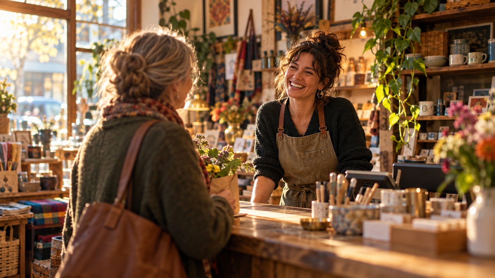 An owner smiling at a glowing review on a phone
