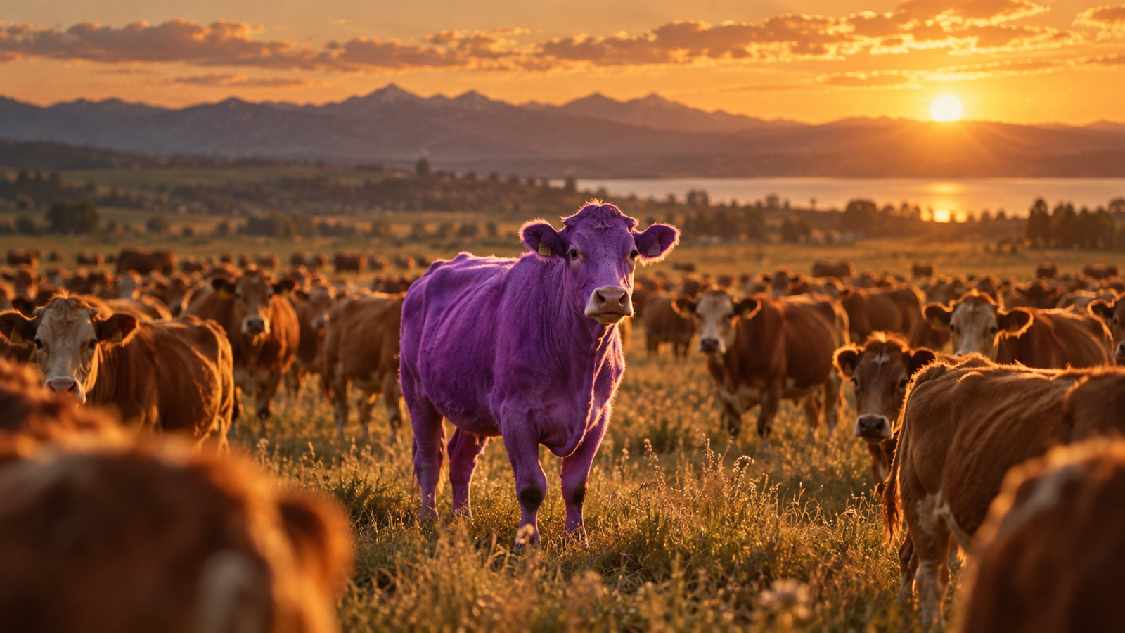 One purple cow standing in a black-and-white field